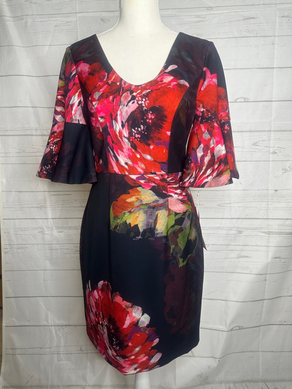 Trina Turk Black Midi Dress with Red & Pink Floral Print